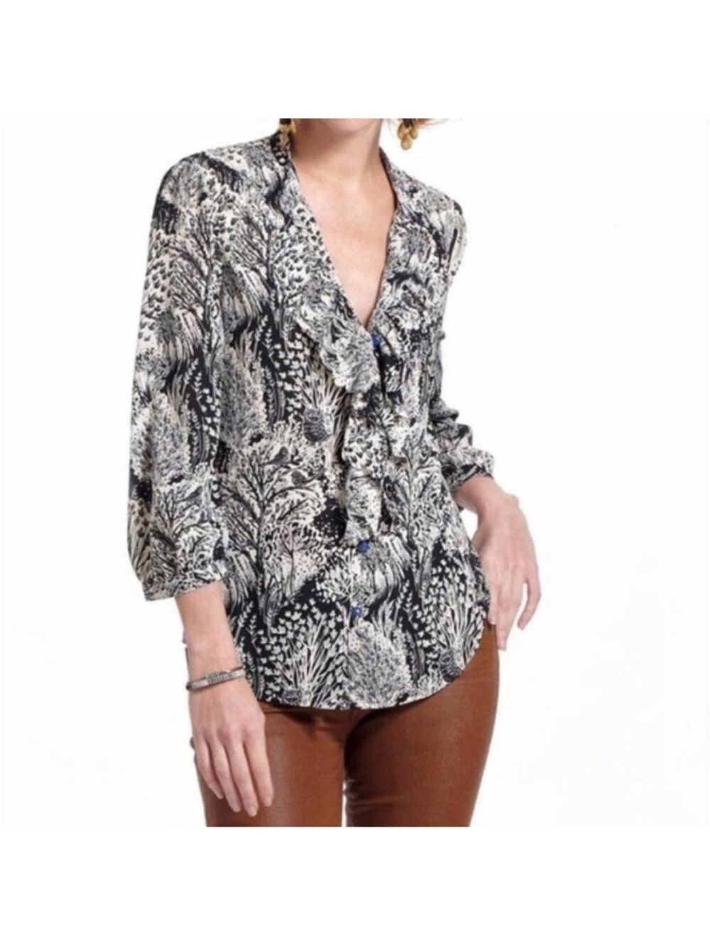 Anthropologie HD in Paris Picea Ruffle Blouse Black & Cream Floral Blue Buttons